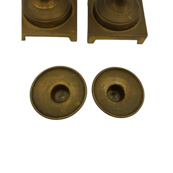 2 Brass Candlestick Holders Square Base Marked W Inc. Brass Plated Shabbat Cups - Picture 2 of 12